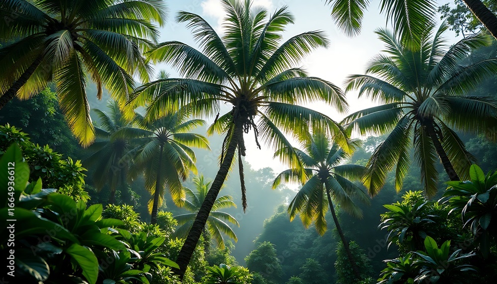 Fototapeta premium lush tropical palm tree jungle forest sunlight