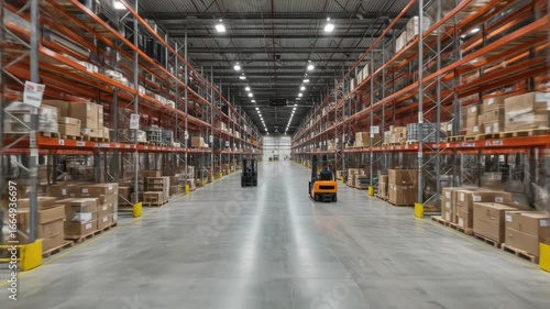 A long warehouse aisle, rows of loaded orange shelving lead to a bright end. A forklift navigates the space, while the concrete floor gleams