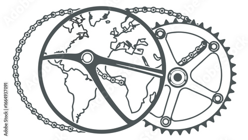 Illustration of a bicycle gear and chain encircling the earth