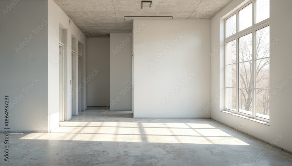 Obraz premium Spacious, empty white room with large window. Natural light illuminates concrete floor. Modern interior design. Empty space. Minimalist architecture. Unfinished construction. New home design.