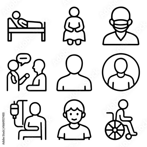 Simple Line Art Illustrations Depicting Healthcare Patients and Medical Professionals.