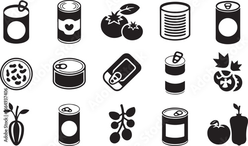  A Set of Black and White Canned Food and Fresh Vegetable Icons for Groceries and Supermarkets