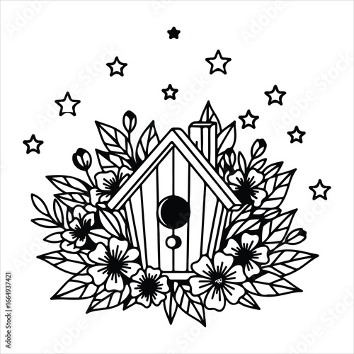 Black and white line art illustration of a birdhouse surrounded by flowers and stars floral leaves