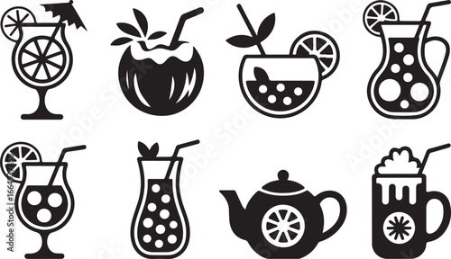 A Collection of Black and White Beverage and Drink Icons, Featuring Cocktails, Tea, and Smoothies