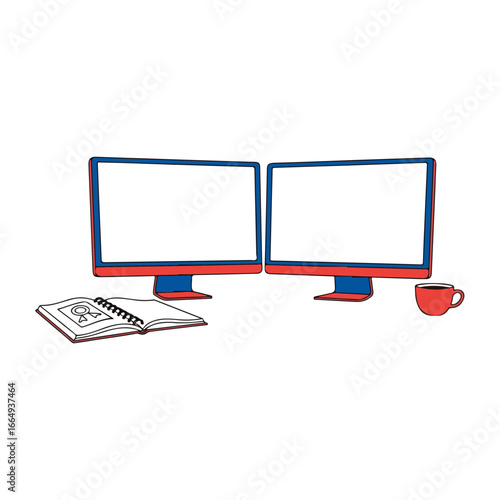 Dual Monitor Setup with Notebook and Coffee