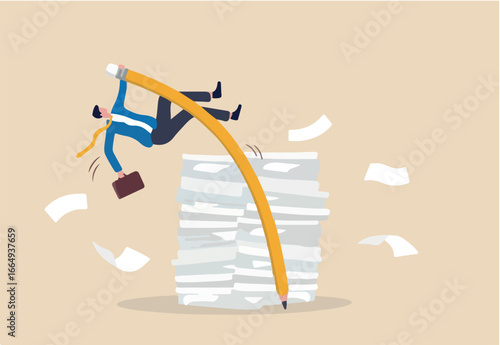 Efficiency or productivity to finish work, manage busy workload or paperwork, project documents or overcome exhausted or challenge concept, businessman jump pole vault over busy document paper.