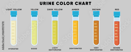 Urine color chart vector illustration. A medical infographic showing different shades of urine in test tubes to indicate hydration and dehydration levels for health analysis.