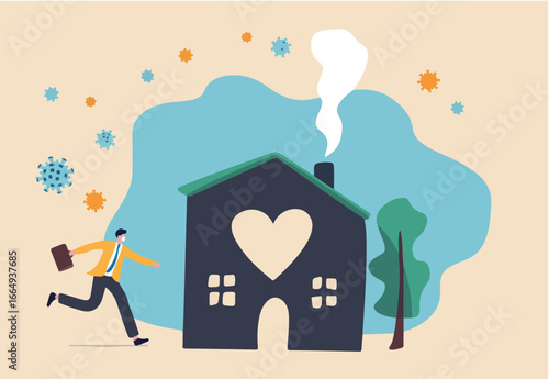 Social Distancing, stay home in COVID-19 coronavirus outbreak, stay in the house to prevent virus infection, happy businessman stay calm running to lovely safe home with virus pathogens outside 