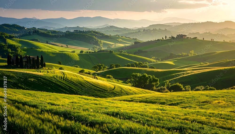 Fototapeta premium A serene landscape showcases rolling hills, vibrant green fields, and a quaint farmhouse nestled amidst the gentle slopes, bathed in the warm glow of a golden sunrise.