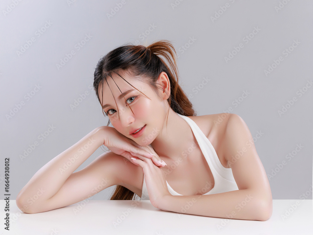 Fototapeta premium Beautiful young Asian woman with a radiant smile and healthy glowing skin. Skincare and beauty portrait, Douyin Makeup.
