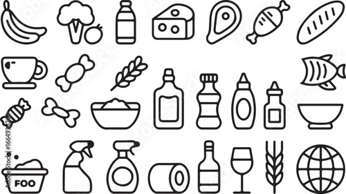 Groceries and Household Icon Set: A Collection of Linear Icons for Food, Drinks, and Cleaning Supplies