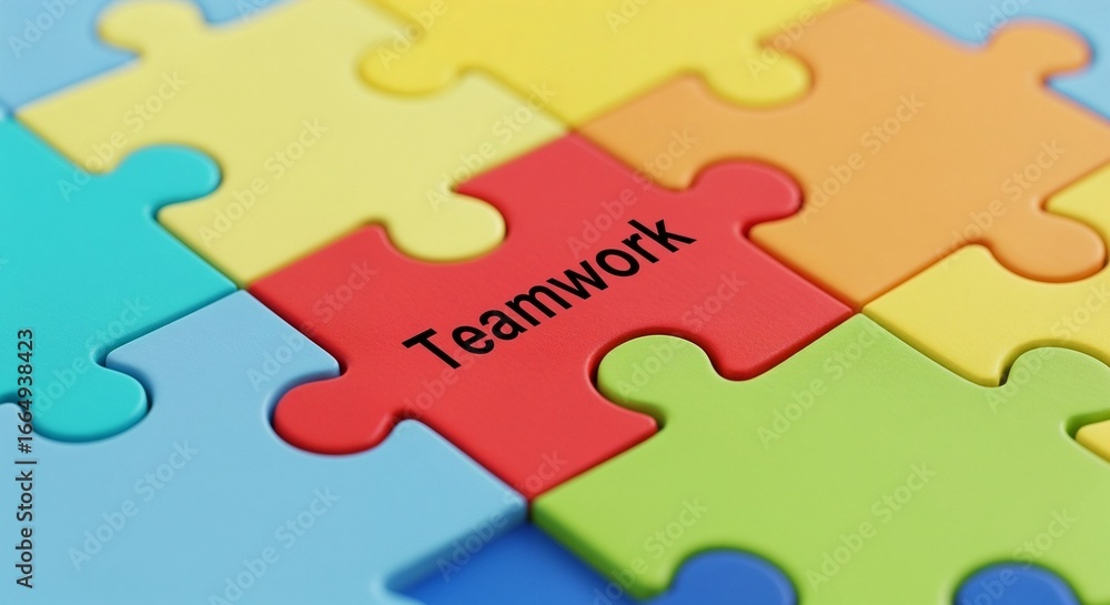 Fototapeta premium Teamwork puzzle shows collaboration and common goal, revealing team spirit. Teamwork emphasizes connecting people with a shared vision. Teamwork as symbol of collaboration for business project.