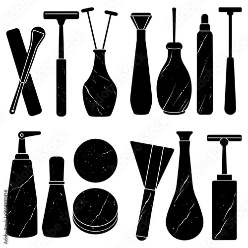 A collection of various black silhouettes of beauty and personal care items arranged on a white background