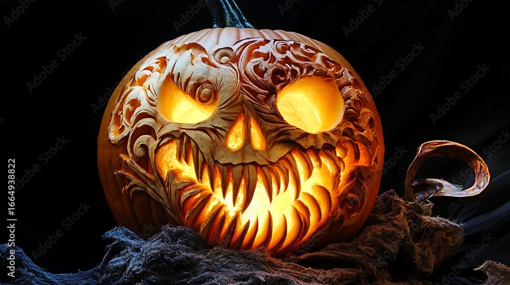 Fototapeta premium Realistic Jack O Lantern glowing softly with eerie carved features