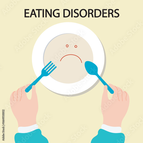 Vector illustration showing eating disorder symptoms extreme weight change, fear of food, distorted body differentiating from similar conditions like OCD, depression, and GI issues plate spoon fork