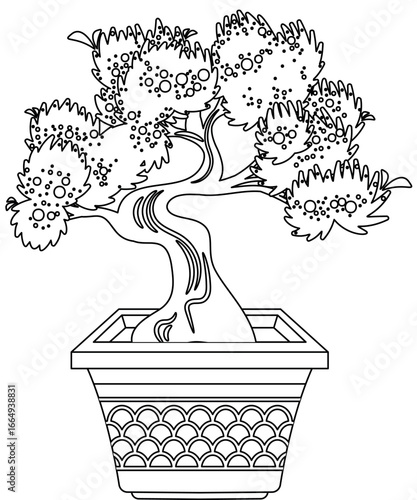 Bonsai tree cultivated black-and-white vector illustration