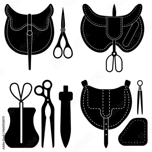 Collection of vintage sewing tools and accessories in black silhouette on a white background