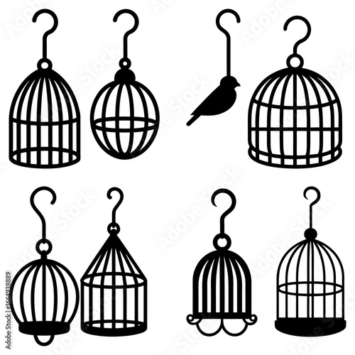 Collection of black and white birdcages with hooks and one bird silhouette hanging from a hook design vector