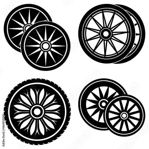 Illustration of four decorative wheels with various spoke designs in black and white format style