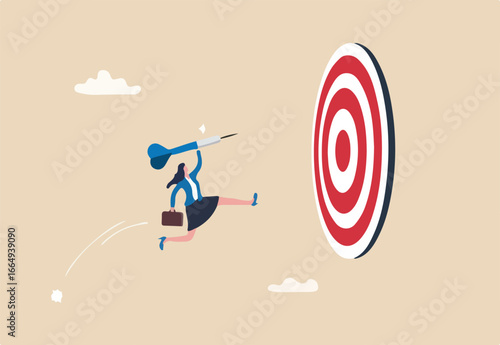 Courage or ambition to reach goal, business challenge or aiming for target, achievement, reach target bullseye, aspiration, objective or purpose concept, courage businesswoman jump to hit target.
