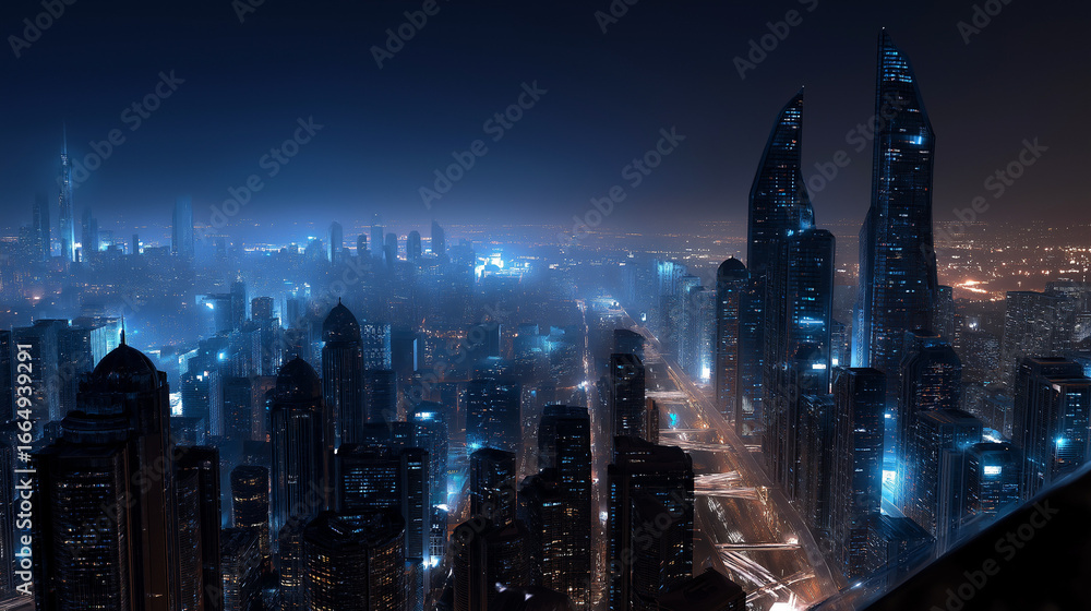 Obraz premium Robotics and automation advancements in industry 4.0 manufacturing hub aerial cityscape nighttime productivity enhancement