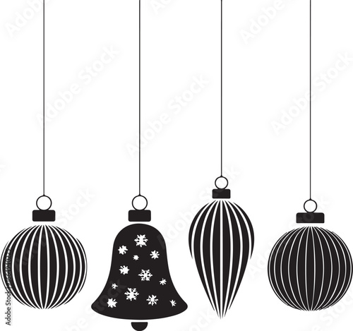 Set of Four Holiday Ornaments: Hanging Christmas Bell, Baubles, and Finial