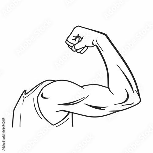 Hand drawn sketch of a muscular bicep flexing in a strong pose conveying power and fitness on a white background
