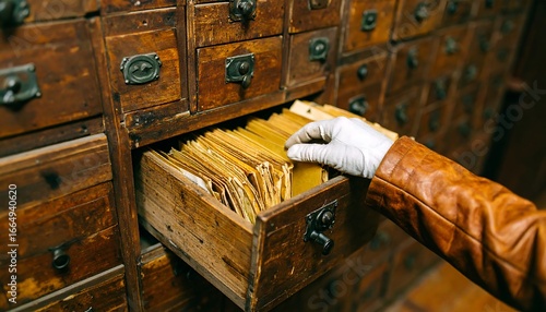A hand in white gloves carefully retrieves documents from a vintage wooden filing cabinet filled with aged papers.
