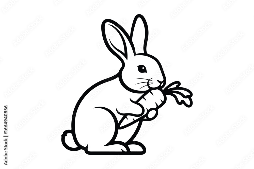 Fototapeta premium Black and white outline illustration of a rabbit eating a carrot bunny food