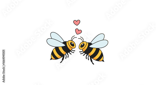 Adorable cartoon bees falling in love with hearts floating above them representing sweet romance and affection