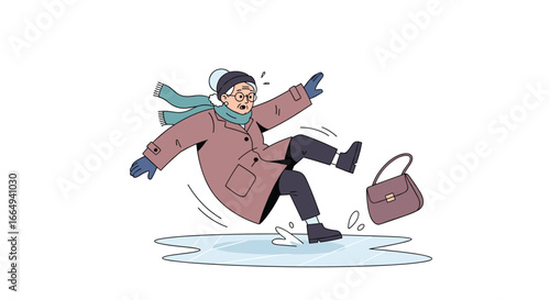 Woman slips and falls on icy pavement during winter weather conditions