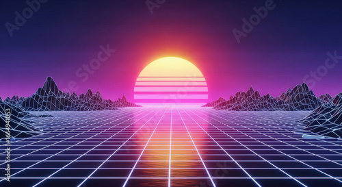 Retro Style Landscape with Grid and Sunset Synthwave Background 80s Inspired Digital Art Futuristic Scenery Neon Colors and Wireframe Mountains
