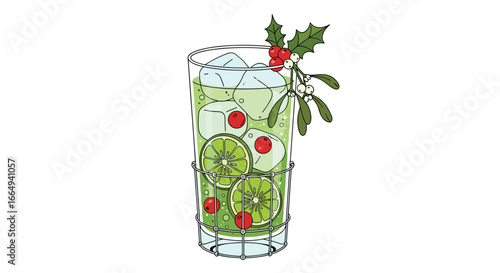 Festive holiday cocktail with fresh lime and mint garnished with holly and red berries