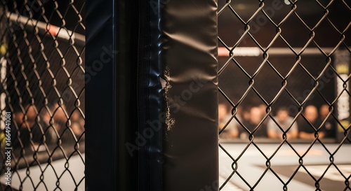 A close-up view of a chain-link fence surrounding a fighting ring, with blurred spectators visible in the background.