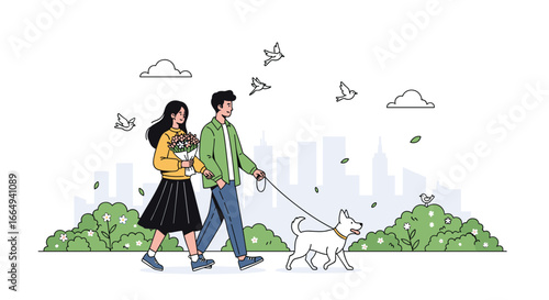 A couple enjoys a pleasant stroll with their beloved dog in a picturesque city park on a beautiful day