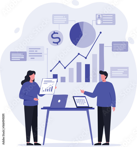 Two business professionals collaborate on financial data analysis, reviewing charts and graphs to optimize strategy and foster growth in a modern office environment.