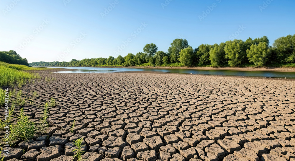 Fototapeta premium Dried riverbed with cracked earth and sparse vegetation. Contrasting drought-stricken soil with lush trees under a clear sky.