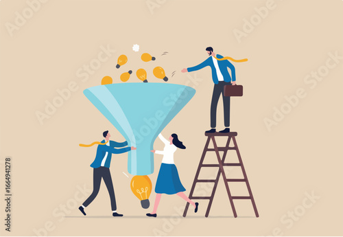 Marketing funnel or sales conversion, people or employee management, meeting brainstorm for new idea, customer purchase pipeline concept, people in sales and marketing funnel with lightbulb outcome.