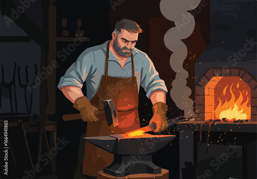 Smith hammering hot metal on anvil, sparks, forge in background. Industrial work