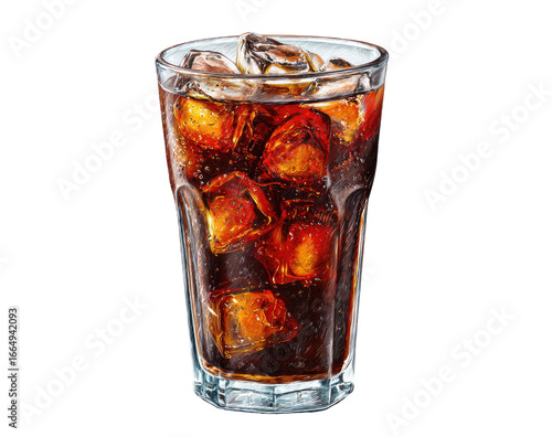 A glass of dark cola with ice cubes