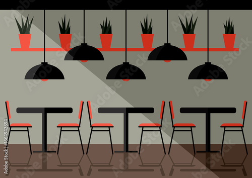 stylish cafe interior, partially lit from window
