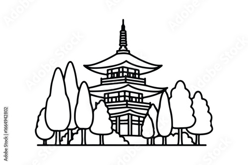 Black and white line art of a multi-tiered pagoda surrounded by stylized trees and bushes temple architecture