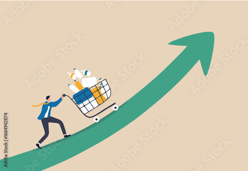 Inflation causing grocery price rising up, more expense, cost and spending, economic crisis or consumer price rising up concept, businessman push shopping cart trolley up rising price graph.
