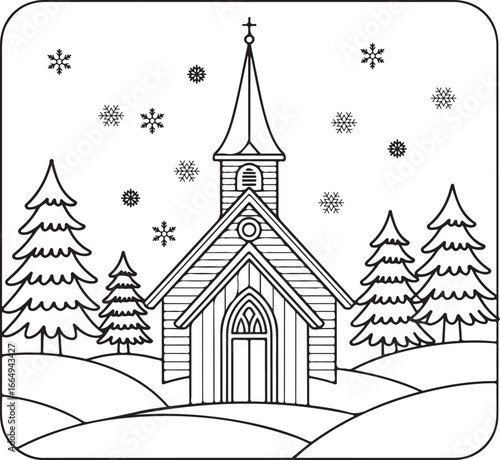 Winter Church Scene: A Black and White Line Art Illustration of a Church in a Snowy Landscape with Pine Trees and Falling Snowflakes
