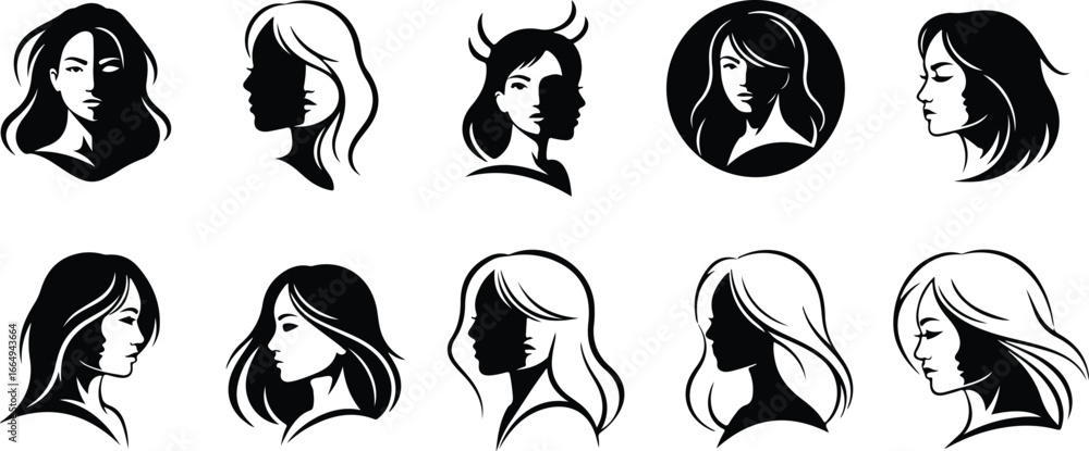 Naklejka premium Ten black and white graphic silhouettes of women's faces and hairstyles woman profile