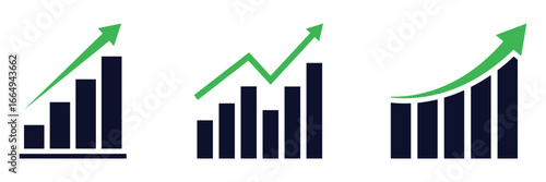 Arrow growing pointing up on chart graph bars icon, success graph trending upwards flat design interface infographic element for app ui, ux, web button, vector isolated on white background.