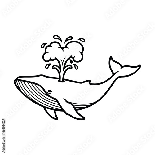 Black and white line drawing of a whale spouting water ocean