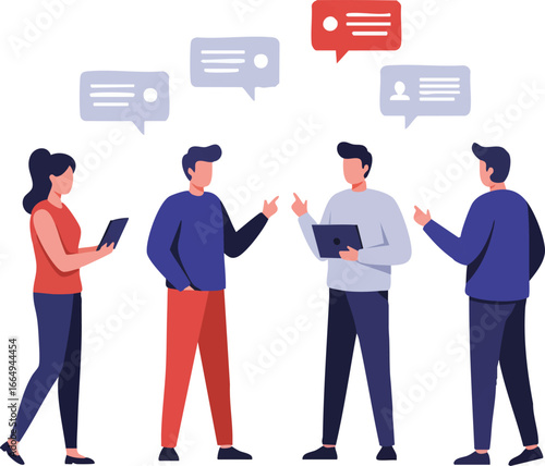 Modern diverse team members engage in thoughtful discussion, sharing ideas and collaborating effectively in a dynamic, digitally-driven professional environment.
