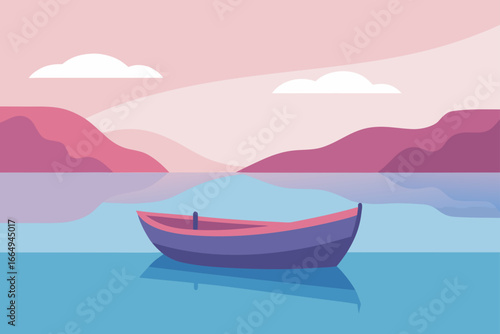 Boat Floating on Serene Pastel Lake Illustration
