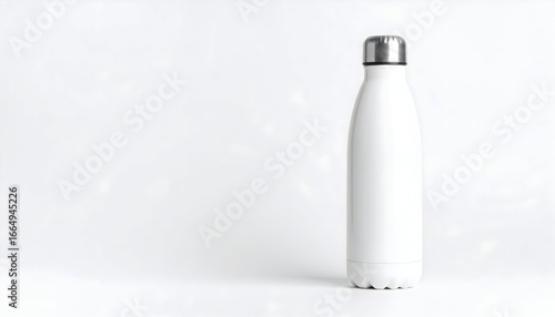 Sleek white reusable insulated water bottle with a silver stainless steel cap, isolated on a bright white background with ample copy space